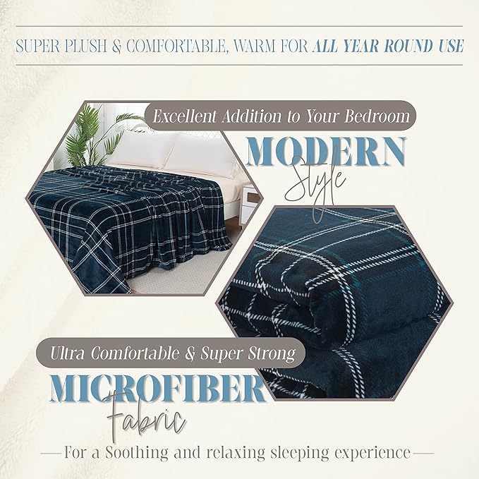 Elegant Comfort Luxury Velvety Feel Blanket, All-Season Lightweight Blanket, Ultra Plush, Soft, Cozy-Fuzzy Flannel Fleece for Couch, Sofa, Bed, Travel, Plaid Design, Full/Queen, Navy