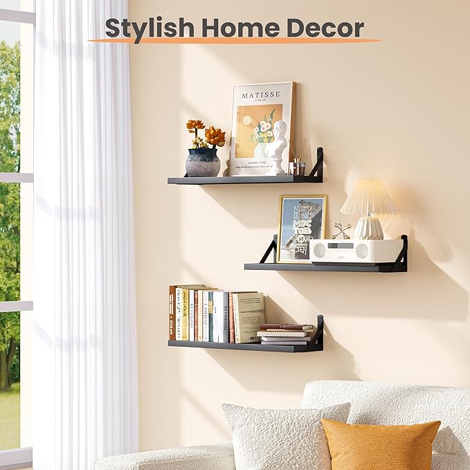 upsimples 23.6 Inches Floating Book Shelves for Wall, Floating Wood Shelves for Living Room, Laundry Room, Bedroom, Office Organizer and Storage, Black