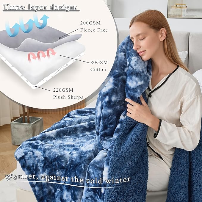 CHOSHOME Sherpa Fleece Blanket- Thick Warm Blanket for Winter, Soft Fuzzy Plush Blanket for Bed, Couch, Travel (Tie Dye Blue, Cal King 96" x 102")
