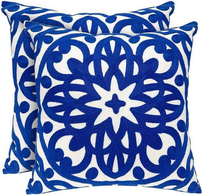 Alysheer Floral Embroidered Spring Decorative Throw Pillow Cover 18"x 18" Set of 2, Boho Mandala Embroidery Royal Blue Patterned Cushion Case for Sofa Couch Living Room Bedroom Outdoor
