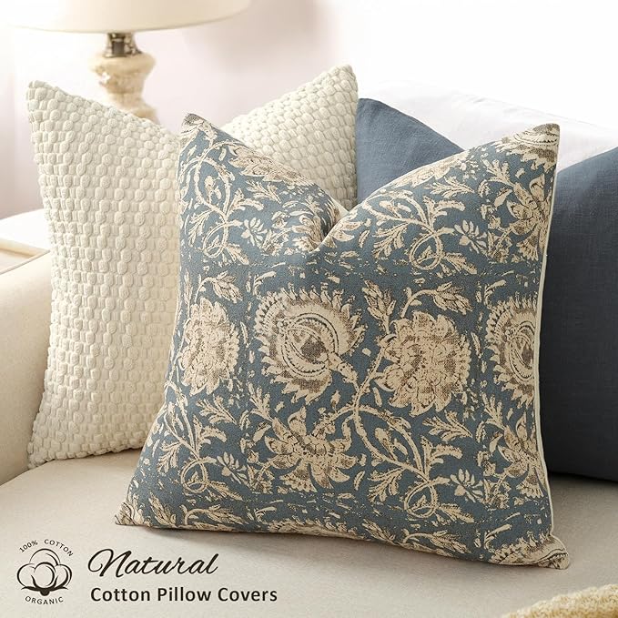 Vintage Floral Print Throw Pillow Covers 26x26 Set of 2 Neutral Modern Farmhouse Accent Decorative Cushion Covers Boho Home Decor for Couch Sofa Chair Bed Living Room, Dusty Blue