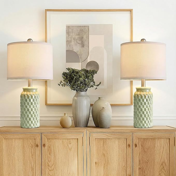 20.5" Small Bedside Lamps Set of 2 with 5FT Cord, Green Ceramic Modern Farmhouse Table Lamps for Nightstand, Living Room, Bedroom, 3D Honeycomb Stylish End Table Lamps(Bulb Not Included)