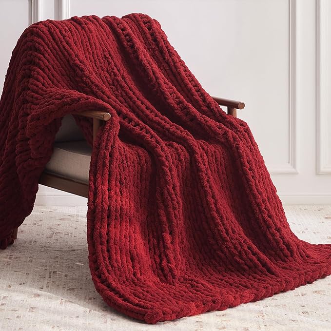 Chunky Knit Throw Blanket, 80''*90'' Knitted Throw Chenille Yarn for Bed Couch, Handmade Red Crochet Big Thick Blanket, Machine Washable Cute Comfy Blanket for Home Decor