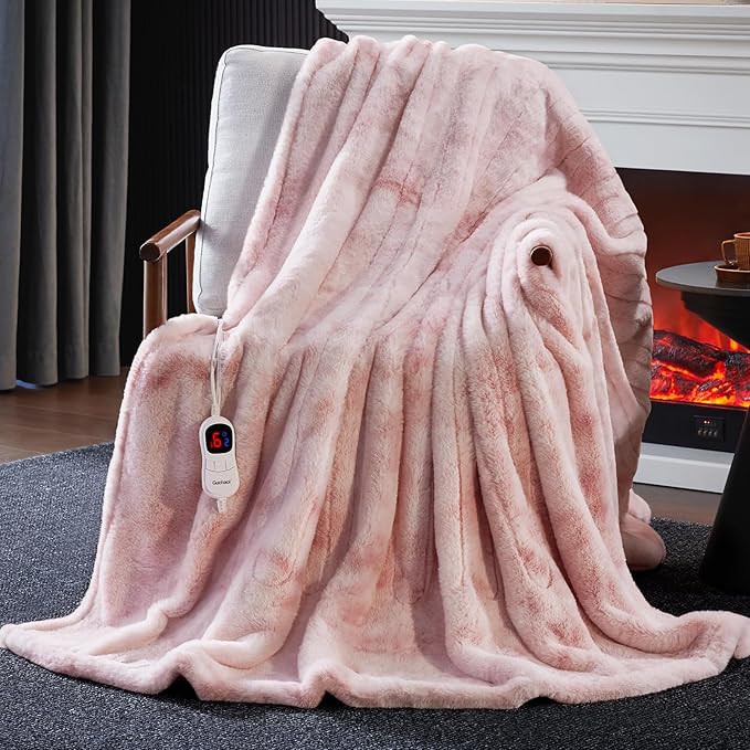 Guohaoi Heated Blanket Electric Throw, Soft Faux Rabbit Fur Electric Blanket with 10 Heating Levels 5 Sitting Timer Auto Off, Cozy Warm Heating Blankets, Machine Washable(72"×84" Pink)