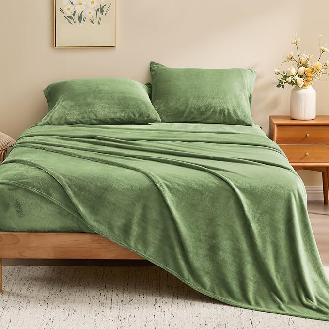 BEDELITE Flannel Sheets Twin Size Sage Green - Super Soft Fleece Sheets Set Fluffy Extra Plush, 3 Piece(Include Fitted Sheet, Flat Sheet, 1 Pillowcase)