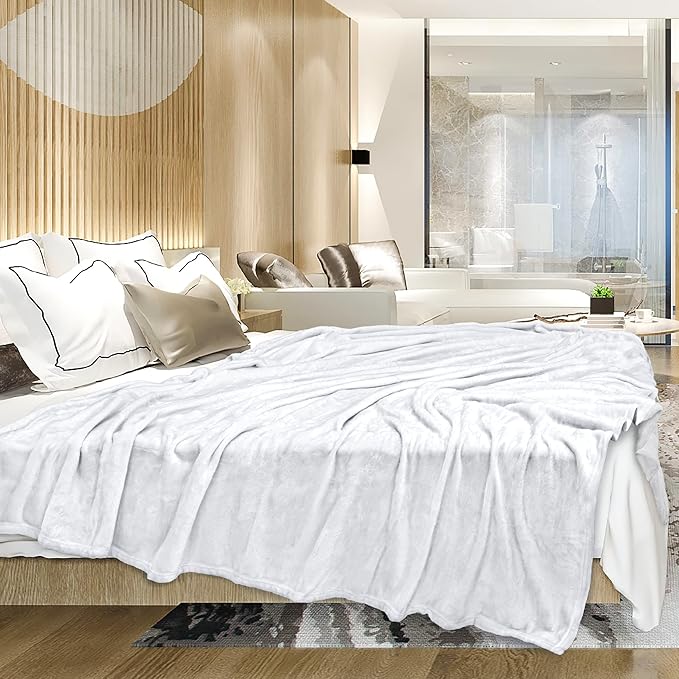 PAVILIA White Fleece Throw Blanket for Couch Twin Size, Super Soft Fuzzy Flannel Throw for Sofa, Luxury Plush Microfiber Blanket Twin Bed, Home Decorative Velvet Gift Blanket, 60x80