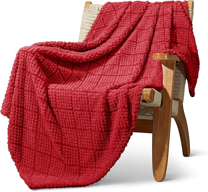 Whale Flotilla Fuzzy Fleece Throw Blanket for Couch, Bed, Soft Fluffy Jacquard Waffle Blankets for All Season, Lightweight and Warm, 50x60 Inch, Red