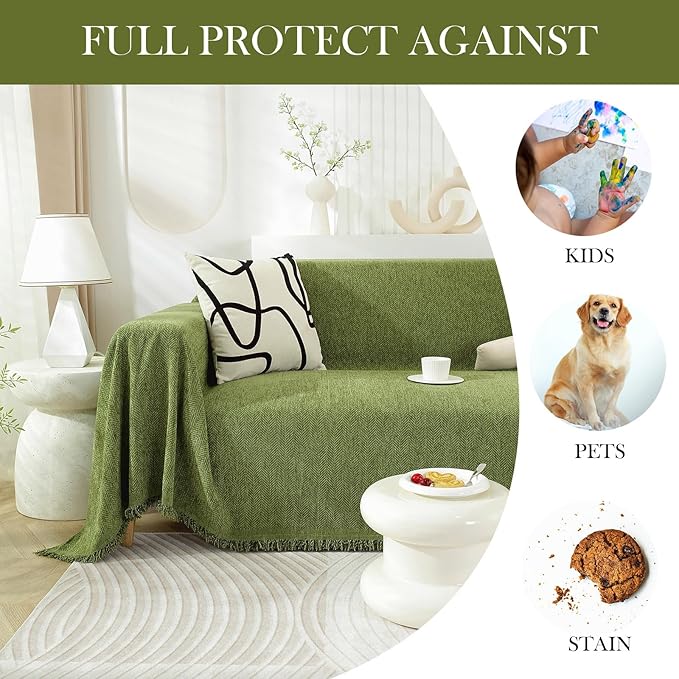 HANDONTIME Sofa Covers Olive Green Couch Cover Pet Couch Protector Dark Green Sofa Cover Sofa Cushion Cover Chenille Sofa Covers for 3 Cushion Couch 71" X134" Herringbone Sectional Couch Covers