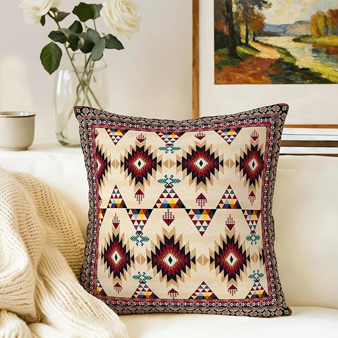 Native American Navajo Geometric Throw Pillows Covers 2 Pack 18" x 18", Polyester Double-Sided Southwestern Aztec Tribal Cushion Cases, Rustic Southwestern Home Decor for Sofa Living Room Cabin Decor