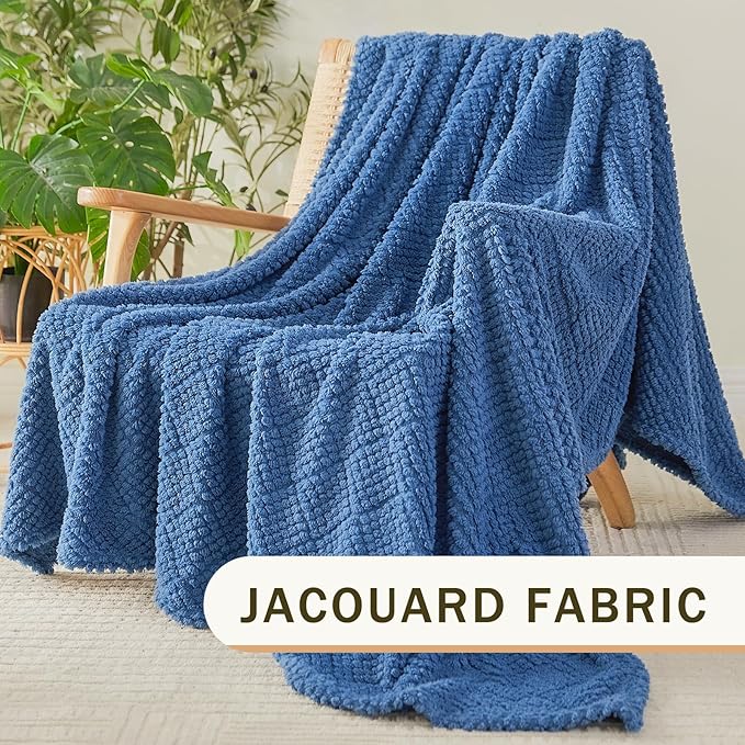 EMME Fleece Blanket, 3D Jacquard Throw Blanket for Couch and Bed, Soft Cozy and Fluffy Blankets Lightweight Luxury Flannel with Waffle Design (Navy Blue, 60" x 80")
