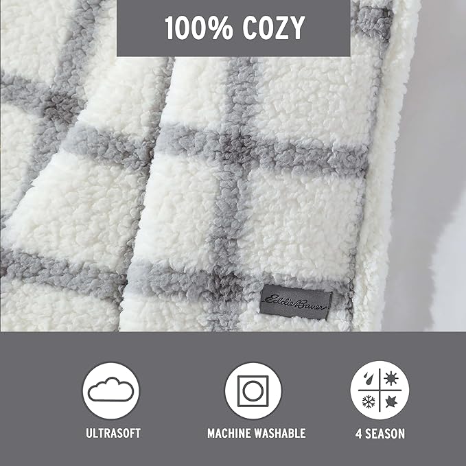 Eddie Bauer - Throw Blanket, Ultra-Soft Plush Bedding with Faux Shearling Reverse, Blanket for Couch & Bed (Bunkhouse Plaid Grey, 50" x 60")