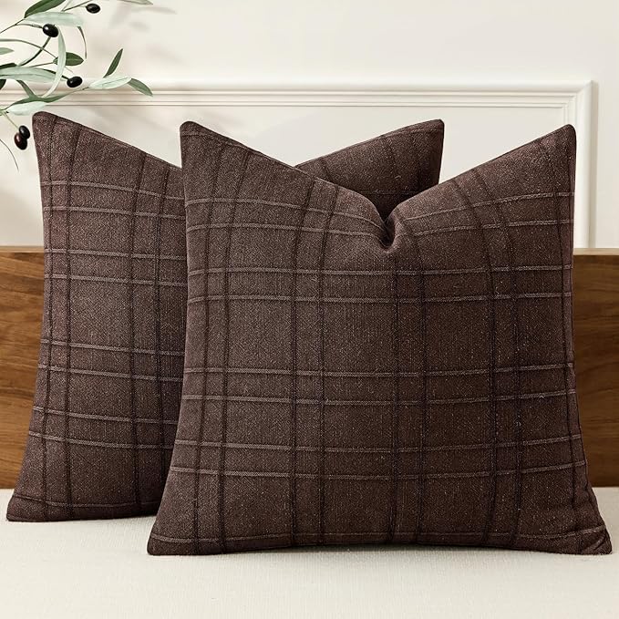 MIULEE Decorative Linen Check Euro Shams Throw Pillow Covers Neutral Farmhouse Vintage Pillow Covers 24x24 Set of 2 Boho Modern Winter Home Decor for Sofa Couch Bedroom Cushion Dark Brown