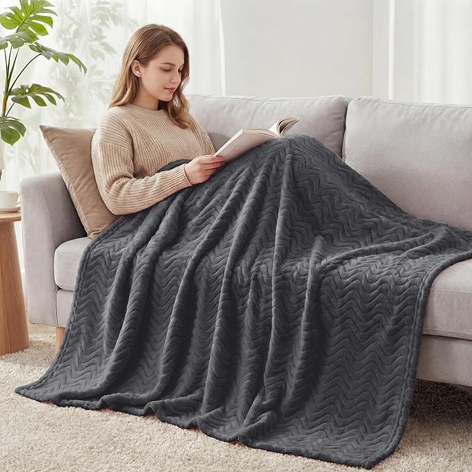 Exclusivo Mezcla Fleece Throw Blanket for Couch, Cozy Lightweight Blankets for All Season, Decorative Giftable Fuzzy Plush Wave Textured Throws for Women, Men, Dark Grey, 50x70 Inches