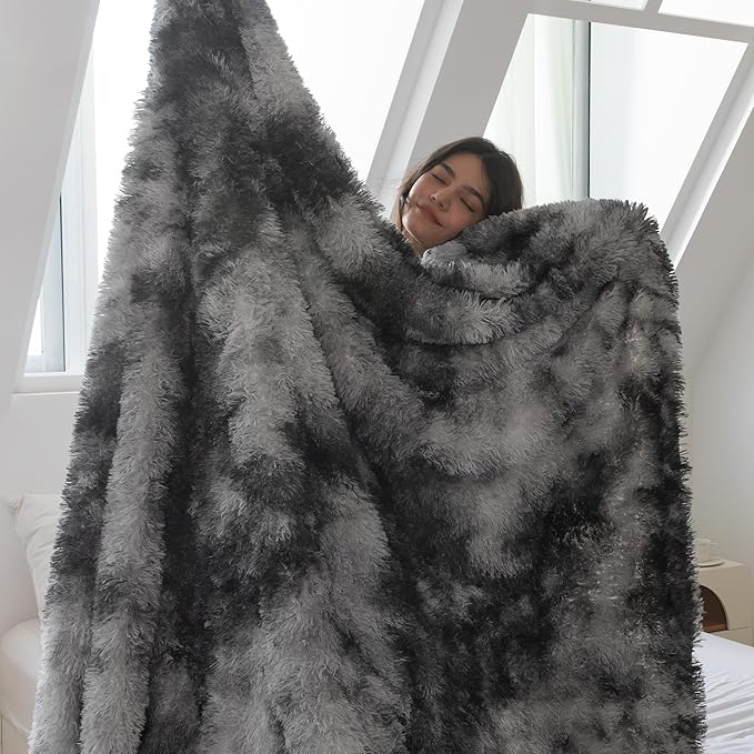 COOVA Ultra Soft Faux Fur Twin Blanket – Fuzzy Fluffy Cozy Microfiber Blankets, Warm Thick Plush Sherpa Fleece Throw Blanket for Couch,Bed,Sofa,Ideal Gift for Women.(Tie Dye Grey, 60"x80")