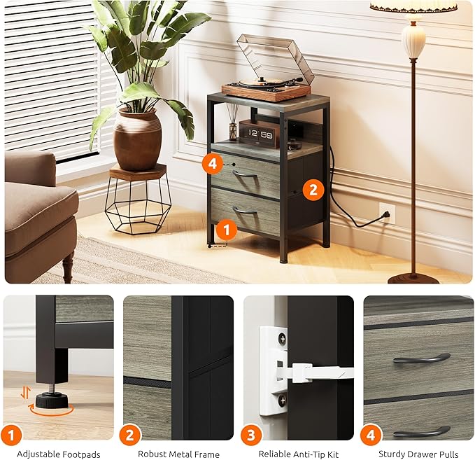 NightStand Bedside Charging Table Bedroom - Night Stand with Charger Station, Modern Nightstand with Open Shelf & 2 Fabric Drawers, End Table with USB-C USB Ports & AC Outlets for Dorm, Grey