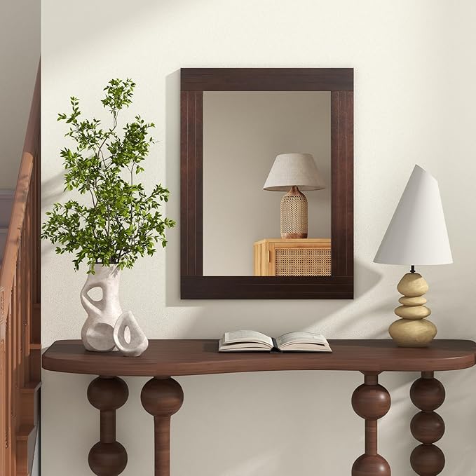 Tangkula 24" x 32" Wood Mirror for Wall, Wall Mounted Rectangular Decorative Mirror for Bathroom Living Room Vanity Entryway, Farmhouse Boho Rustic Wall Decoration
