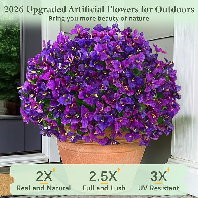 Yastouay 8 Bundles Artificial Flowers for Outdoors, Bougainvillea Fake Flowers for Outside, UV Resistant Silk Outdoor Faux Plants for Porch Patio Planter Front Door Garden Decor(Purple Fuchsia)