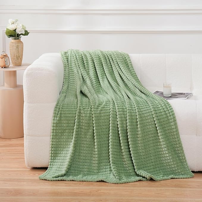 Puncuntex Flannel Fleece Throw Blanket Sage Green 50"×60",Super Soft Plush Cozy Blanket with Square Grid Design Luxury for Couch Sofa Chair