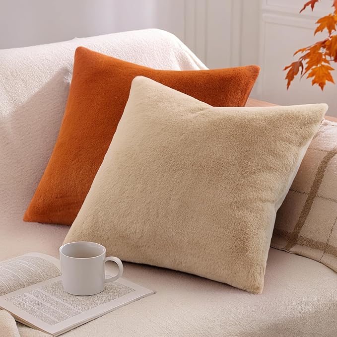 Pallene Faux Fur Plush Throw Pillow Covers 26x26 Set of 2, Soft Fluffy Couch Pillow Covers for Living Room, Rust