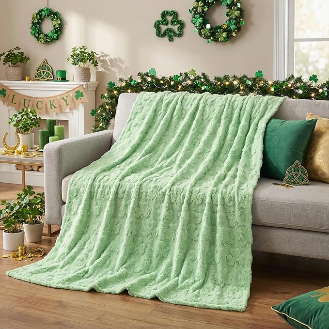 Horaldaily St. Patrick's Day Solid Blanket Throw, Green Shamrock Soft Fuzzy Plush Faux Fur Cozy Blankets for Couch Sofa Bed Lounging, Ideal Gifts for Kids Adults Wife Self, 50x60