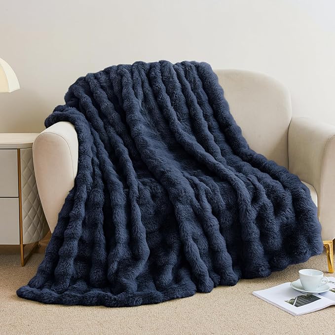 Faux Rabbit Fur Throw Blanket for Couch, Fluffy Warm Plush Thick Bubble Blanket for Bed Sofa Living Room, Soft Cozy Furry Blanket, 50x60 inches, Navy Blue