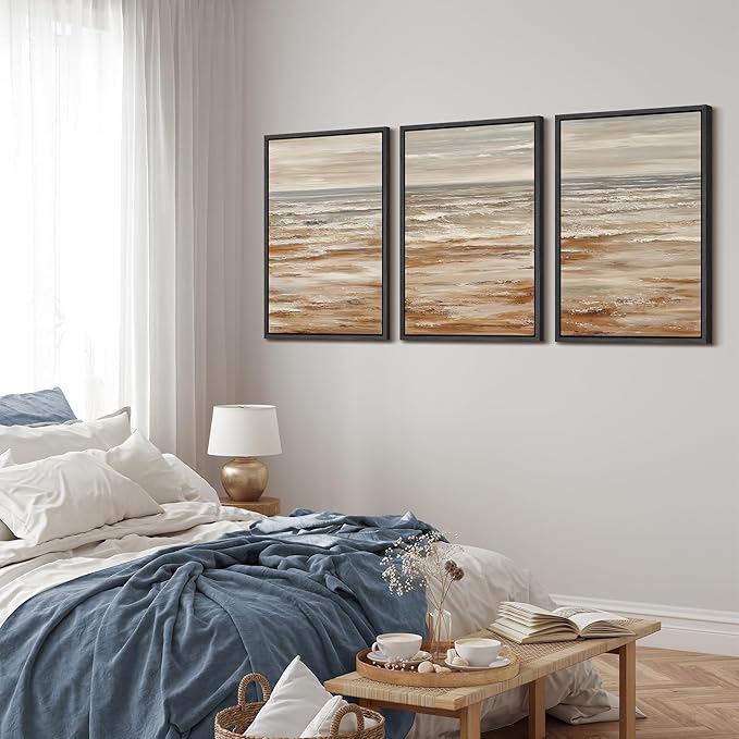 MUDECOR Framed Wall Art Print Set Neutral Coastal Seascape Minimalist Ocean Waves and Sandy Shore Illustrations Modern Art Boho Decorative for Living Room, Bedroom, Office - 24"x36"x3 BLACK