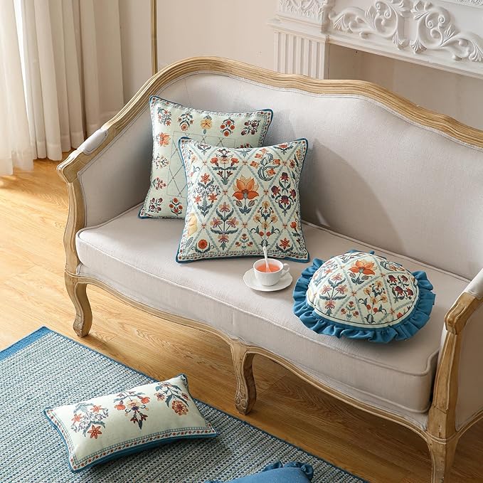 ISAENNE Design Square Linen Throw Pillow Covers 18"x18" Pack of 2, Blue Floral Country Cushion Covers with Colorful Wildflower Pattern Decor Pillowcases for Bed,Living Room,Outdoor,Car
