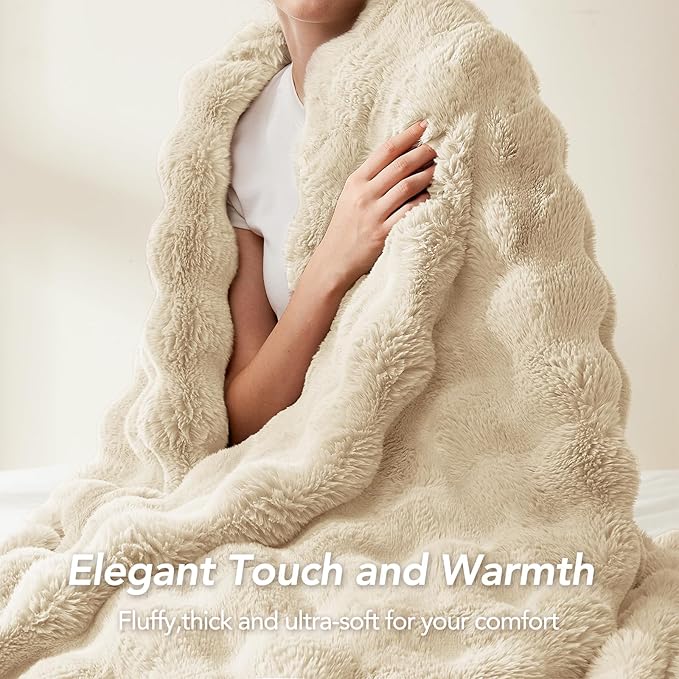 L'AGRATY Faux Rabbit Fur Blanket: 90" x 90" Queen Luxury Soft Fluffy Thick Fur Throw Blanket for Couch Bed Sofa - Cozy Plush Bubble Blankets for Winter: Flannel Fleece Decorative Blanket(Almond White)
