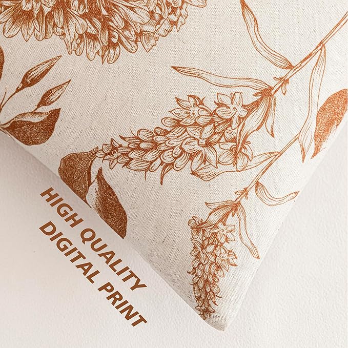 Foindtower Set of 2 Linen Floral Throw Pillow Covers Vintage Accent Print Decorative Cozy Cushion Covers Farmhouse Boho Home Decor for Sofa Chair Couch Bedroom Living Room,18×18 Inch,Autumn Orange