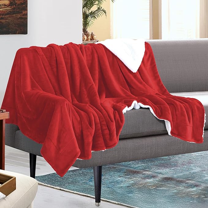 Mocassi Premium Ultra-Soft Velvet Touch Flannel Fleece Sherpa Throw - Warm Cozy Reversible Plush Micromink Throw Blanket for Couch, Bed and Sofa - Fluffy, Christmas Winter Bedding Gift, Red