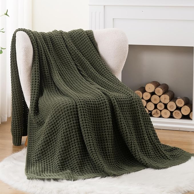 Bunnikins & Clover Olive Green Throw Blanket for Couch, Waffle Knit Blanket Throw, Super Soft Warm Dark Green Throw Blanket for Home Decor,Sofa and Living Room, 50"x60"