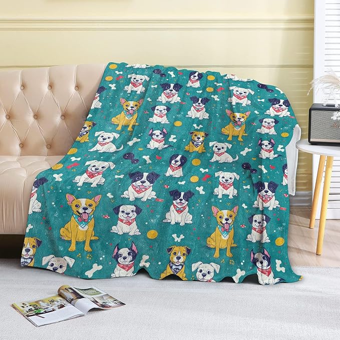 Cute Dog Fleece Blanket - 50x60in Cartoon Puppy Bone and Paw Print Throw Blankets,Soft Cozy Lightweight, Ideal for Living Room Home Fun Decor and Kids Boys Girls Spring Pet Gifts