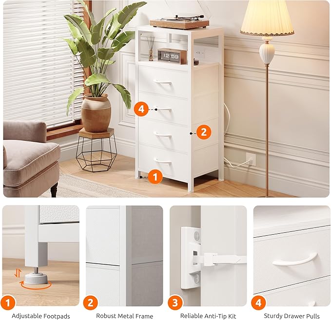NightStand Bedside Charging Table Bedroom - Night Stand with Charger Station, Modern Bed Side Table with USB-C USB Ports & AC Outlets for Bedroom, Open Shelf & 4 Fabric Drawers, White