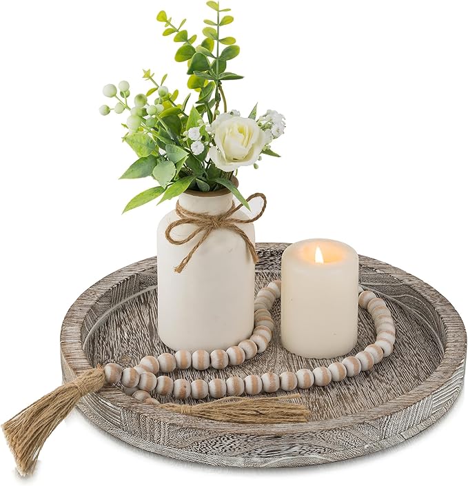 Hanobe Candle Plate Holder Tray: Decorative Wooden Tray Rustic Round Plate Farmhouse Centerpiece Small Candle Holder Trays for Coffee Table Living Room Kitchen Vintage Home Decor