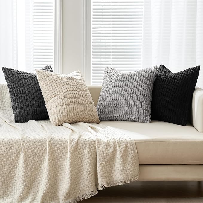 MIULEE Halloween Pack of 4 Neutral Mid Century Black and White Corduroy Decorative Throw Pillow Covers 18x18 Inch Modern Soft Striped Pillow Covers Home Decor for Sofa Living Room Couch Bed