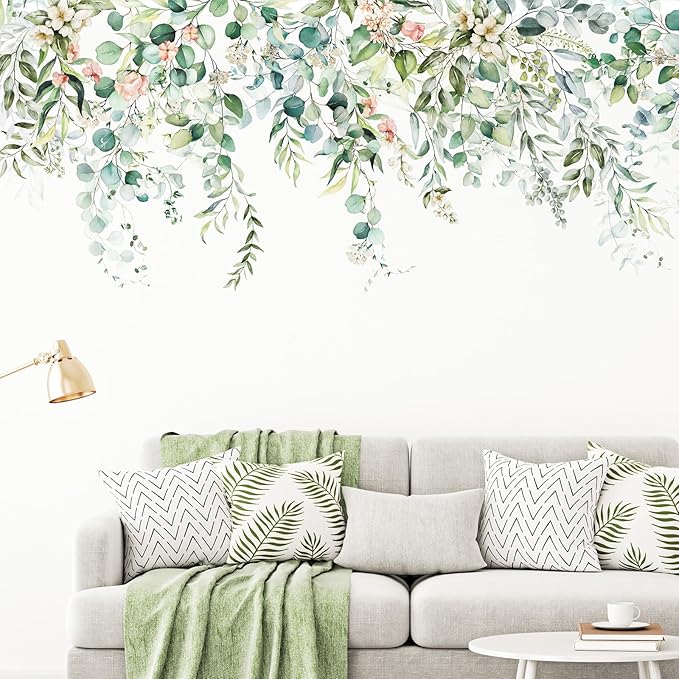 Zonon Flowers Wall Decals Stickers Vinyl Removable Peel and Stick Colorful Dragonflies Floral Wall Murals Decor for Bedroom Living Room Nursery(Greenery)