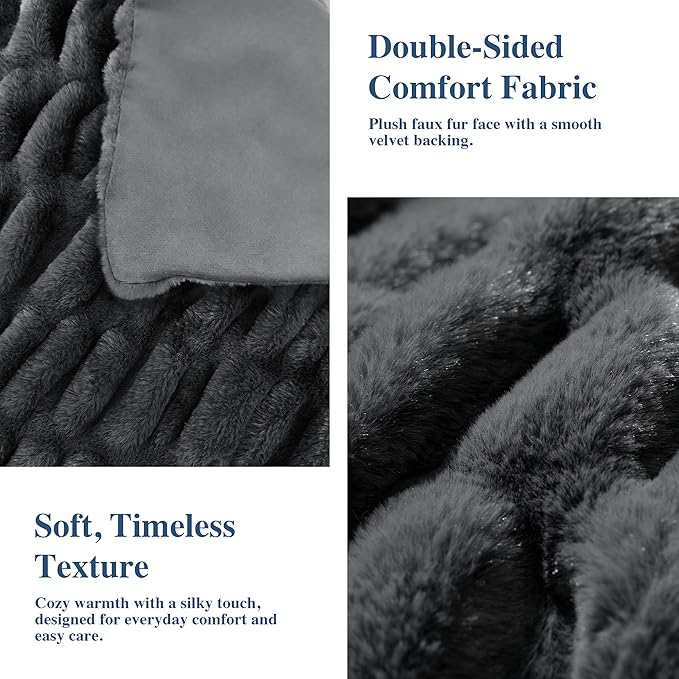 Faux Fur Blanket, Twin Size Oversized Throw Blanket for Couch, Fluffy Blanket with Stretch Ruched Design, Ultra Soft Giftable Home Decor, 60x80 inches, Charcoal Grey