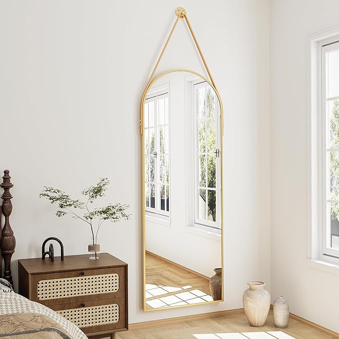 Full Length Mirror, Arched Wall Mounted Mirror, 47"x16" Door Mirrors with Hanging Leather Strap, Wall Mirrors Full Length with Aluminum Frame for Bathroom Living Room Entryway (Gold)