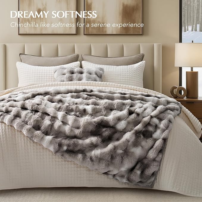 EverGrace Ultra Soft Luxury Fluffy Faux Rabbit Fur Throw Blanket, Thick Warm Bubble Throw for Bed, Cozy Plush Reversible Blankets for Couch, Chair, Sofa, Light Grey, 50x60 Inches