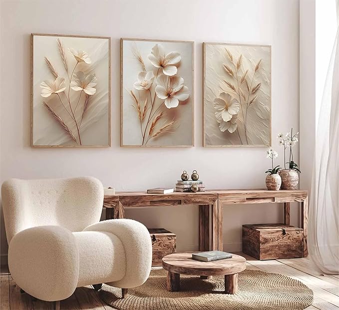 3Pcs Neutral Beige Floral Botanical Canvas Wall art Modern Simple Texture Flower Plant Painting Picture Wall Decor Vintage Blossom Poster Print Artwork for Living Room Bedroom Bathroom Unframed