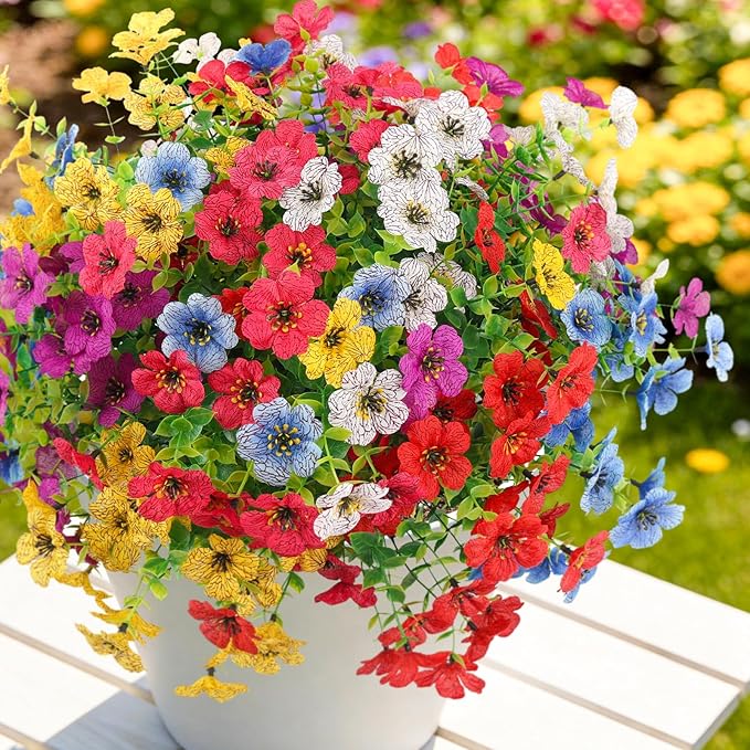 Artificial Flowers Outdoors Spring Faux Flowers UV Resistant Fake Flowers Daisy Plastic Greenery Plnats Outside Bulk for Garden Hanging Planter Patio Porch Home Decor, 12 Bundles (Multicolor)