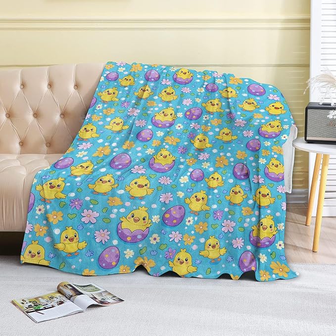 Easter Chicks and Eggs Fleece Blanket - 60x80in Flower Rustic Festive Throw Blankets,Soft Cozy Lightweight, Ideal for Living Room Home Farmhouse Decor and Kids Women Girls Spring Gifts