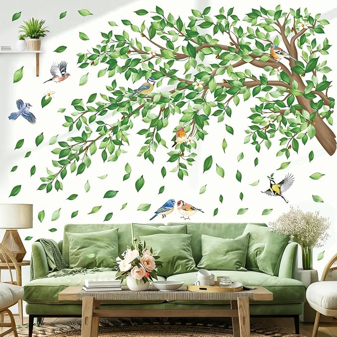decalmile Large Green Tree Branch Wall Decals Green Leaves Floral Wall Stickers Bedroom Living Room Sofa TV Background Home Decor