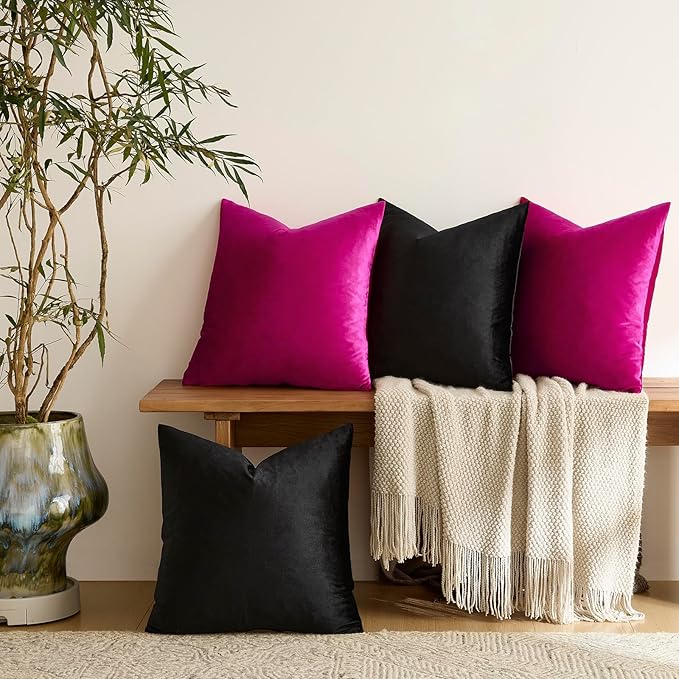 GIGIZAZA Pillow Covers 20x20 Set of 4,Black Hot Pink Velvet Soft Pillow Covers Decorative Square Modern Pillows Cushion Cases for Living Room