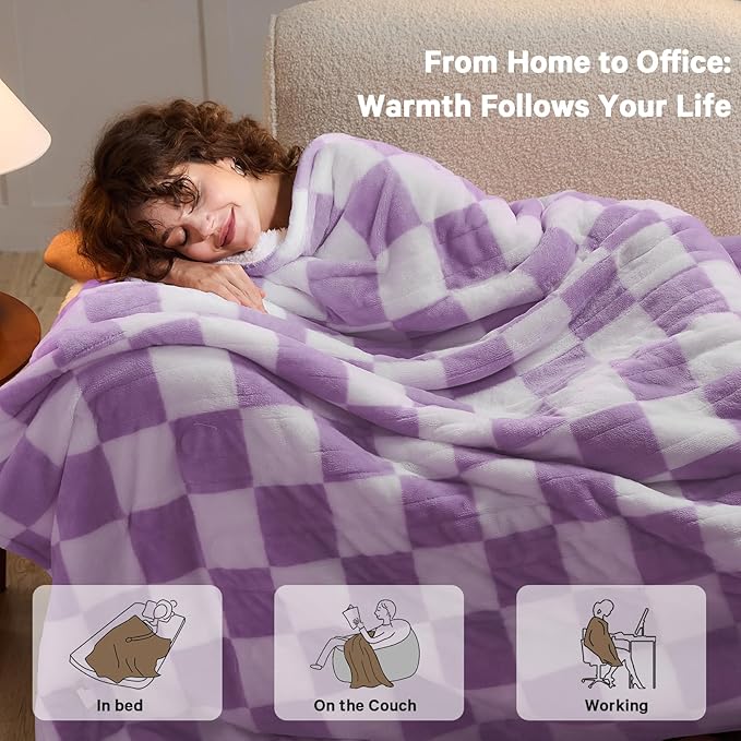 Heated Electric Blanket Throw, 50X60 Heating Blanket with 10 Heat Level & 8 Hours Auto Off for Lap, Light Purple Checkered Plaid Soft Sherpa Blankets for Mom Grandma Women Couch