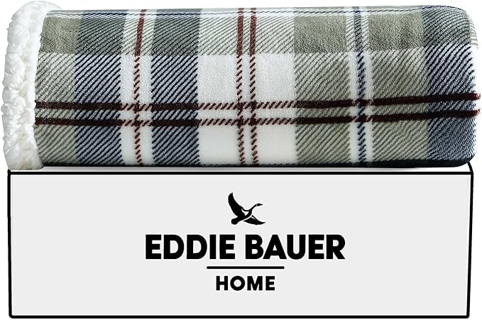 Eddie Bauer - Throw Blanket, Ultra-Soft Plush Bedding with Faux Shearling Reverse, Throw Blanket for Couch & Bed (Trailhead Plaid Green, 50" x 60")
