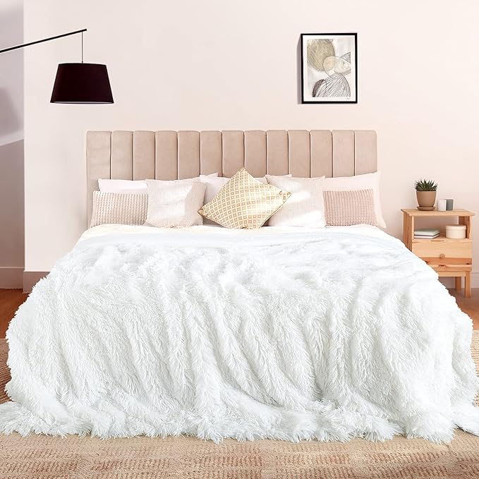 TOONOW Extra Soft Fuzzy Faux Fur Blanket Queen Size 78"x90", Reversible Lightweight Decorative Blankets and Throws Super Soft Cozy Microfiber Fleece Fuzzy Blankets for Couch Bed, Pure White