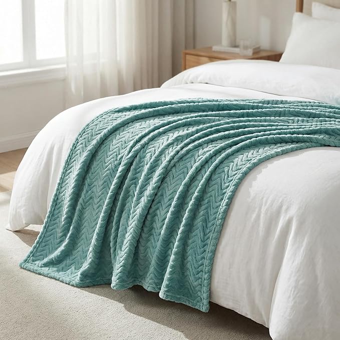 Exclusivo Mezcla Fleece Throw Blanket for Couch, Cozy Lightweight Blankets for All Season, Decorative Giftable Fuzzy Plush Wave Textured Throws for Women, Men, Celadon, 50x70 Inches