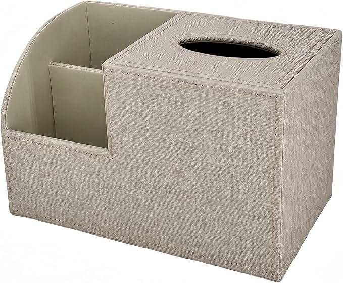 Square Tissue Box Cover,Modern Decorative Cube Tissue Box Holder with Two Compartment Organizers on The Left,Office and Home Living Room,Bedroom,Vanity,Bedside Table,Desktop Tissue Box Storage