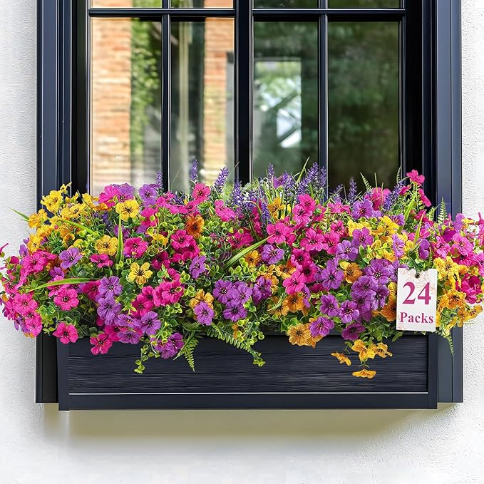 Alupssuc 24 Bundles Artificial Flowers for Outdoors Spring Summer Decoration, UV Resistant Faux Eucalyptus Violet and Lavender Silk Fake Plants for Outside Indoor Yard Home Patio Decor, Mix 3 Colors